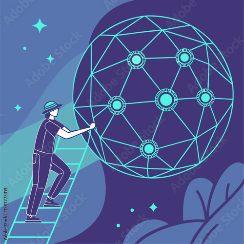 High-tech AI network sphere made of glowing data nodes and fiber lines, abstract deep learning visualization, vector illustration in futuristic tones