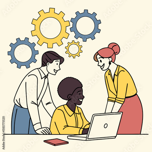 Office collaboration scene with inclusive team: visually diverse, equal participation, bright modern vector with minimal distraction and strong teamwork energy