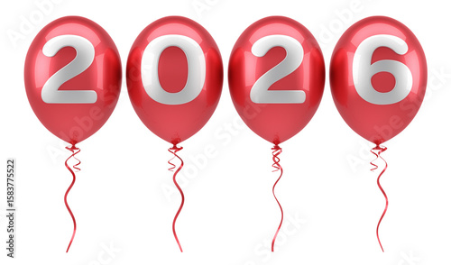 Red balloons with white 2026 numerals, celebrating the new year