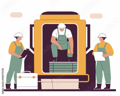 Construction workers team inspecting equipment in a flat design style suitable for architectural and engineering projects