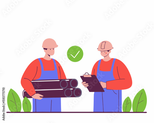 Construction workers inspecting pipes in vector illustration depicting project approval with check mark symbolizing successful outcome