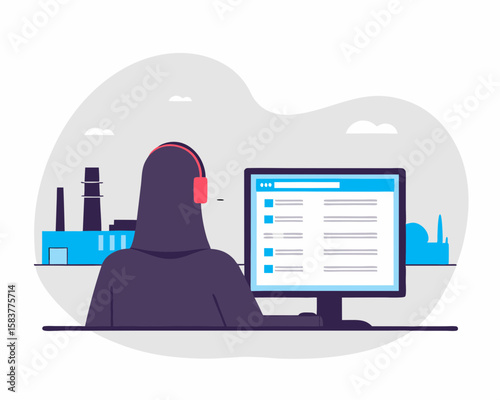 Customer service representative on monitor screen with buildings in the background support vector illustration