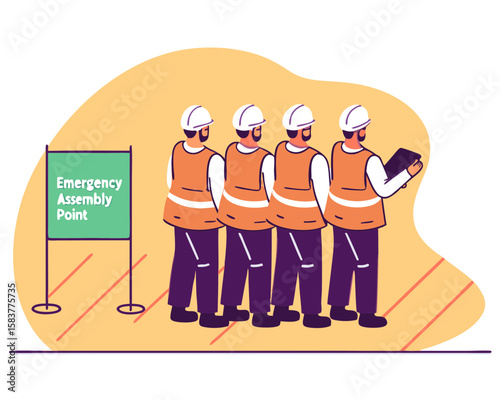 Emergency assembly point workers illustration with high visibility safety vests and sign board on transparent background