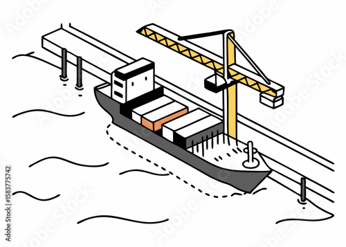 Illustrated container ship with a crane docked at a port depicting logistics and transportation operations