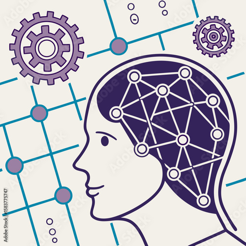 Abstract neural network vector art with matrix-style background, symbolizing artificial intelligence data processing in a modern color scheme