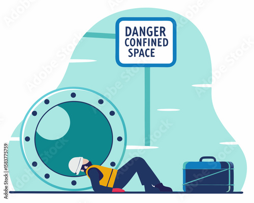 Illustrated vector depicting a confined space hazard with a worker and warning sign on a white background.