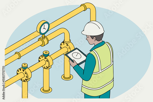 Industrial worker inspecting pressure gauges and pipelines with digital tablet in a vector illustration suitable for multiple design projects