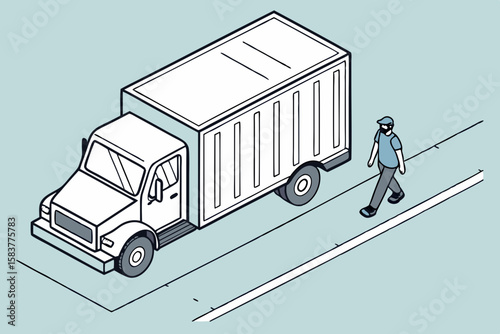 Isometric illustration of a delivery truck and pedestrian on a roadway suitable for transportation concepts