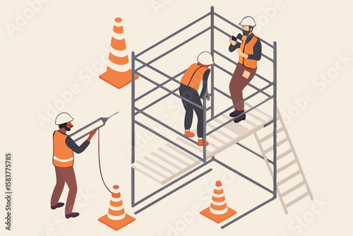 Isometric construction workers on scaffolding with safety cones perfect for design and illustration projects