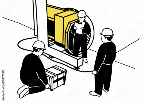 Vector illustration depicting engineers in a factory setting inspecting equipment with a clear and transparent background.