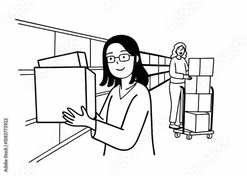 Warehouse workers handling boxes preparing orders and organizing items for shipping and delivery.