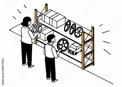 Warehouse workers inspecting automotive parts on shelves in an isometric and illustrative style with a transparent background
