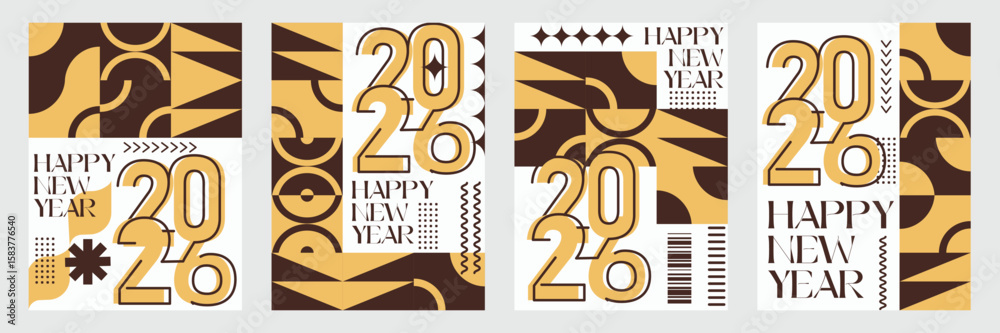 Fototapeta premium Modern 2026 New Year Poster Set Abstract Geometric Holiday Greeting Card Templates Collection of 2026 Happy New Year card, cover, poster. Vector illustration
