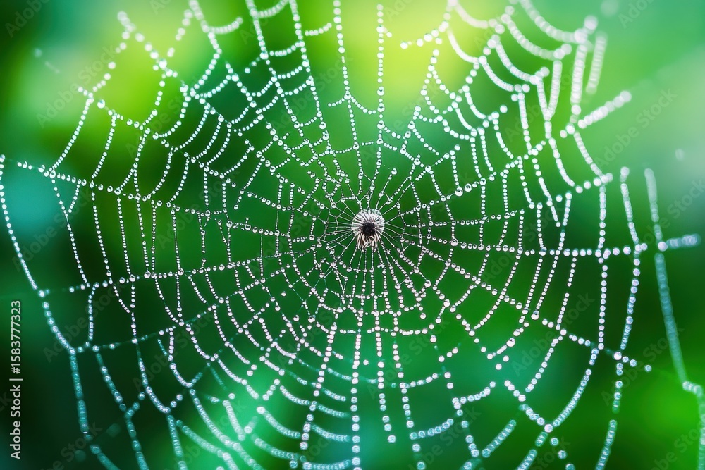 Naklejka premium Close-up of a dewdrop-covered spider web glistening in the morning sunlight in a lush garden setting