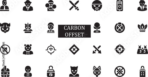 Collection of various black and white icons displayed in a grid pattern on a white background surface