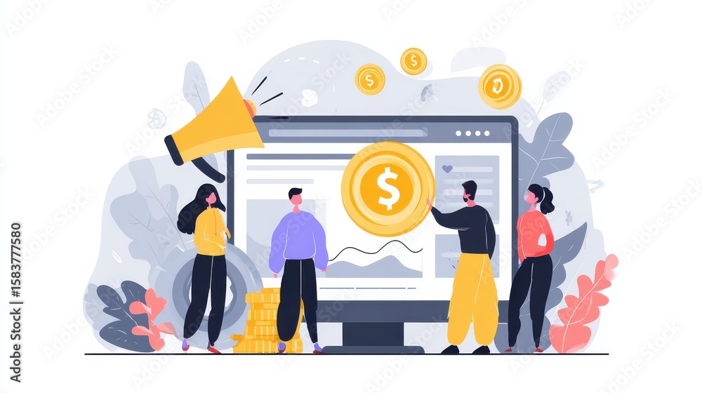 Fototapeta premium Monetization tips. Increasing conversion rates strategy. Attracting followers. Generating new leads, identify your customers, SMM strategies concept. Website homepage landing web page template., no l