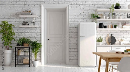 White brick wall kitchen with a modern design.