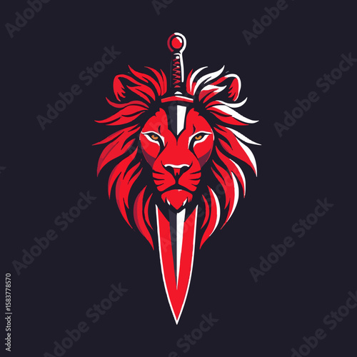 A stylized red lion's head with a sword piercing it, set against a dark background.