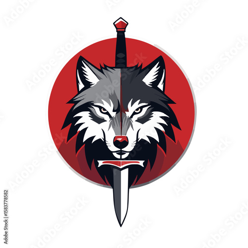 A stylized illustration depicts a wolf's face bisected by a sword, set against a red circle.