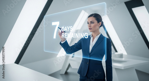 Businesswoman interacts with a futuristic interface displaying seven days remaining, illustrating technology and deadline management in business.