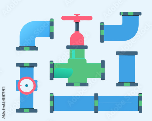 A collection of stylized pipe components illustrating different plumbing fittings and accessories on transparent backgrounds
