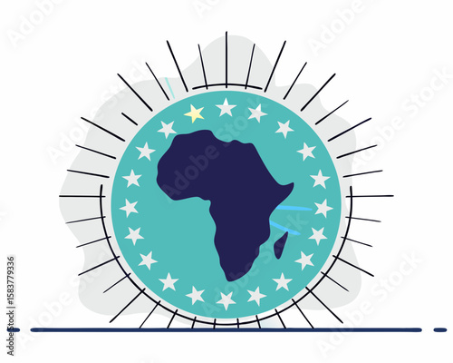 Africa continent illustration with star embellishments surrounded by a circular teal design suitable for various creative projects