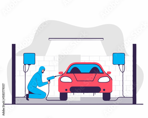 Car detailing and painting process illustration depicting automotive repair on a white background with a technician in protective gear.