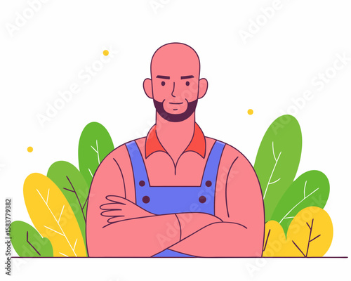 Confident male character in overalls with crossed arms surrounded by stylized plant elements on white background