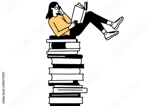 Illustration of a person reading a book while sitting on a stack of books with a transparent background for versatile design