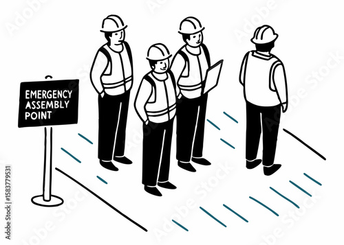 Illustration of construction workers and assembly point sign on a white background representing safety and emergency procedures.
