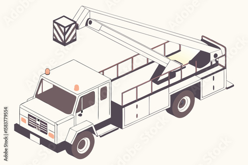 Isometric illustration of a modern power line truck with crane extension and detailed vector style on transparent background.
