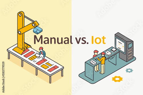 Isometric illustration comparing manual manufacturing processes and internet of things automation in a modern production factory