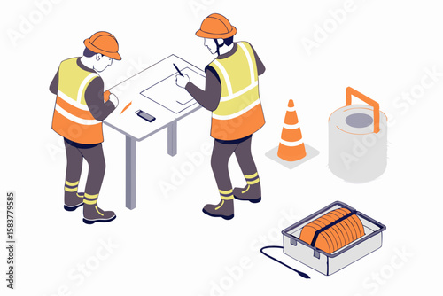 Isometric illustration of construction workers planning project on transparent background suitable for design