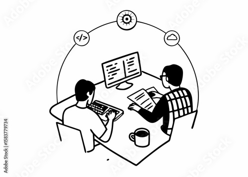 Two software developers collaborating on a coding project with icon elements on a white background in vector illustration