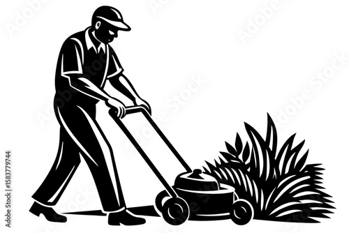 Man Mowing Grass in Vector Art Illustration for Gardening Theme