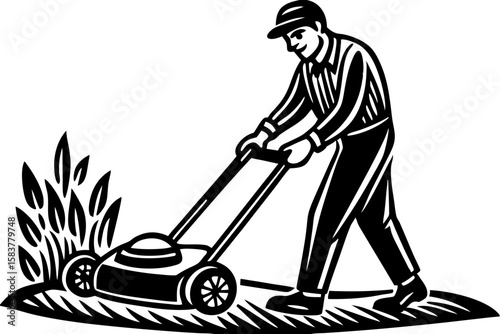 Mowing the Grass Vector of Person with Lawn Care Equipment