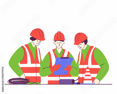 Three construction workers in safety gear reviewing plans and documents on a construction site transparent illustration.