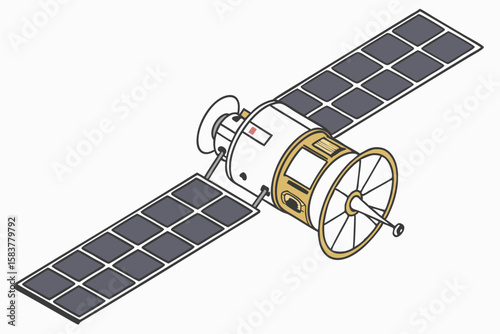 Vector illustration of a detailed satellite with solar panels depicted in a clean and modern style for educational and technological projects.