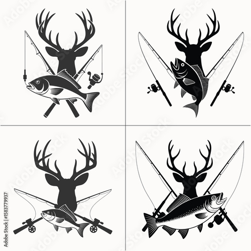 Fishing and Hunting Emblem - Black and White Silhouette Design Featuring Deer, Fish, and Crossed Fishing Rods for Outdoor Adventure, Hunting, and Fishing Enthusiasts