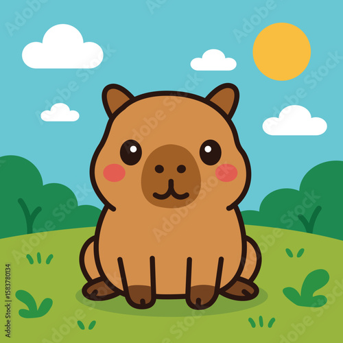An idle kawaii cute baby capybara sitting on a nature scene. the outdoors consist of grass, bushes, cloud, and sun on a blue sky. clip art flat vector illustration suitable for kids.
