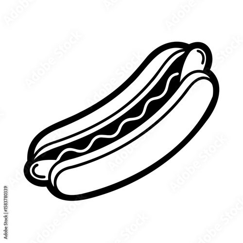 A hot dog with wavy condiment on a hotdog food