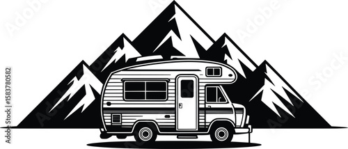 Classic RV Camper Van with Mountain Background, Retro Motorhome Travel Silhouette Vector Illustration.