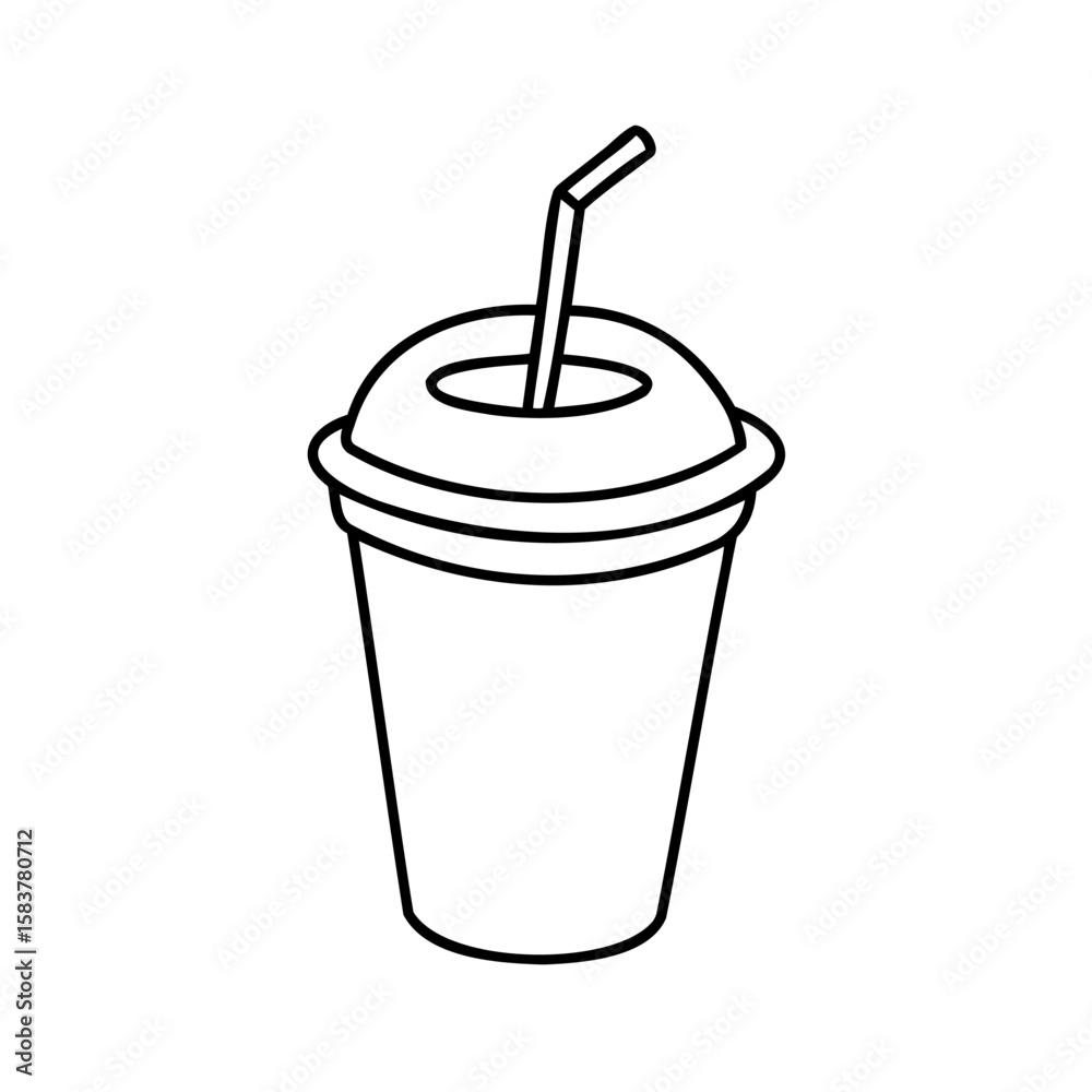 Line art a disposable cup with a lid straw on drink beverage Line art a disposable cup with a lid straw on drink beverage