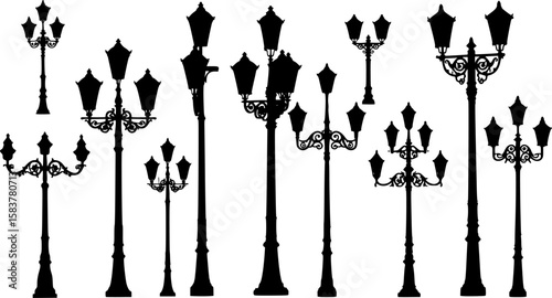 Various silhouettes of street lamps, black and white image, different designs and styles
