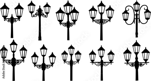 Various silhouettes of street lamps, black and white image, different designs and styles