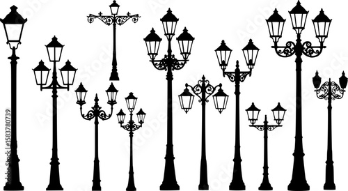 Various silhouettes of street lamps, black and white image, different designs and styles