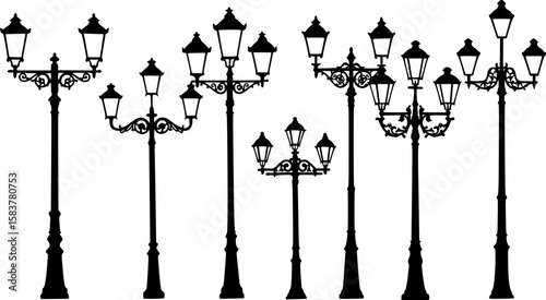 Various silhouettes of street lamps, black and white image, different designs and styles