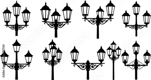 Various silhouettes of street lamps, black and white image, different designs and styles
