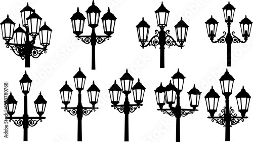 Various silhouettes of street lamps, black and white image, different designs and styles