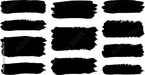 Paint brush strokes. Black vector rough edge rectangles. Grunge square frames set. Jagged edge torn paper background collection. Grungy distressed text boxes. EPS 10 version.